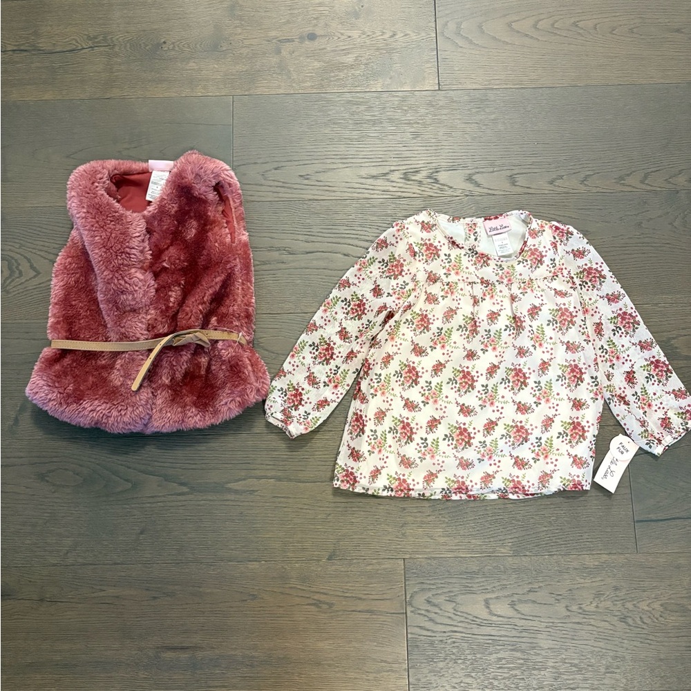 Little lass girls floral blouse & fur vest sz 5:6 NWT retail $125